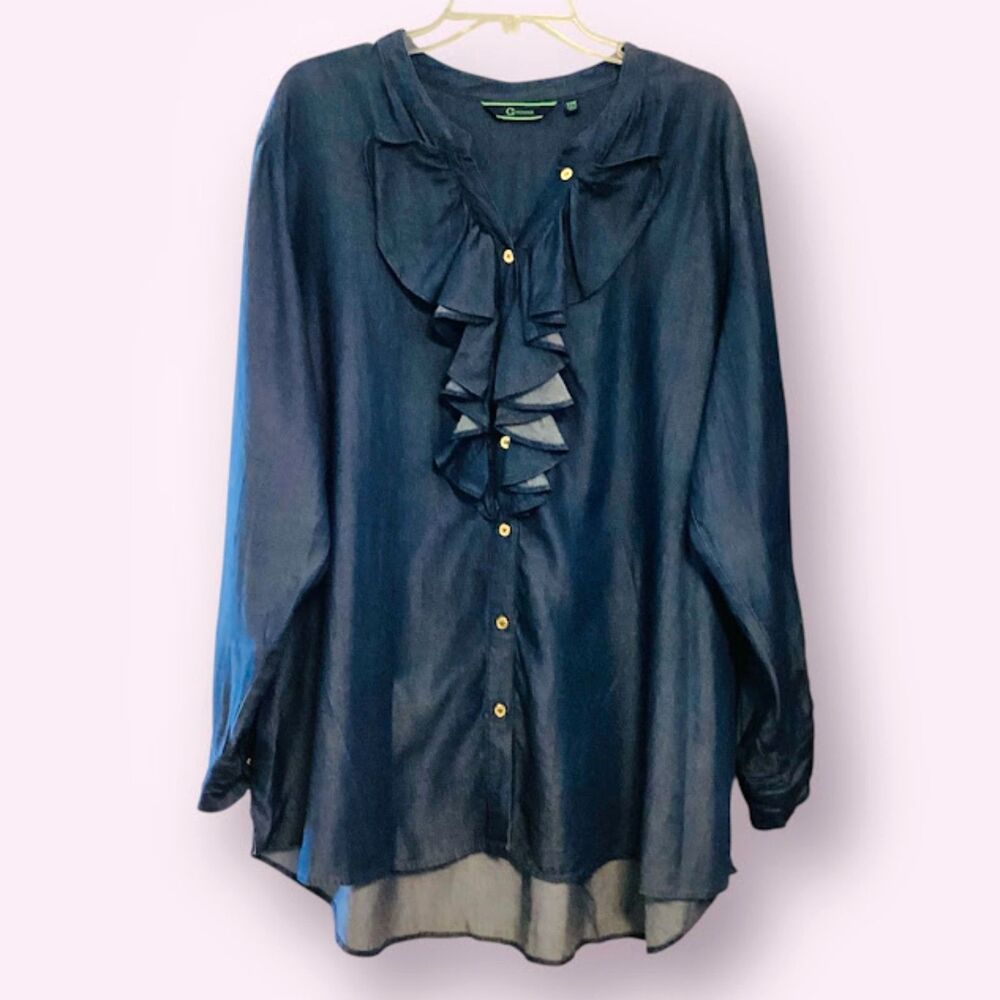 C. Wonder Blue Denim Chambray Ruffled Front Button Shirt Tunic 22W